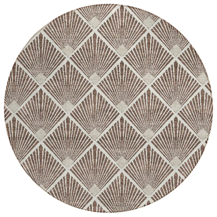 8' Brown And Beige Round Geometric Washable Indoor Outdoor Area Rug