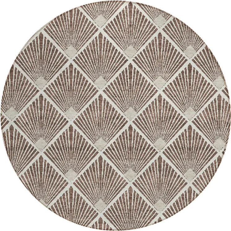 8' Brown And Beige Round Geometric Washable Indoor Outdoor Area Rug