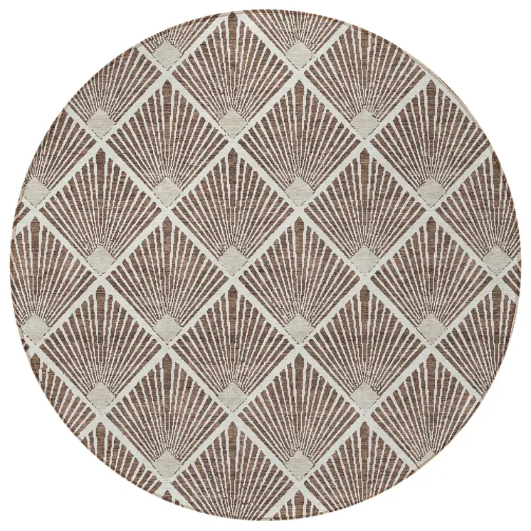 8' Brown And Beige Round Geometric Washable Indoor Outdoor Area Rug