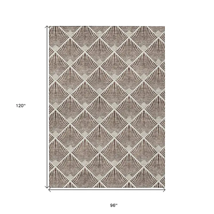 8' X 10' Brown And Beige Geometric Washable Indoor Outdoor Area Rug