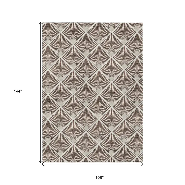 9' X 12' Brown And Beige Geometric Washable Indoor Outdoor Area Rug