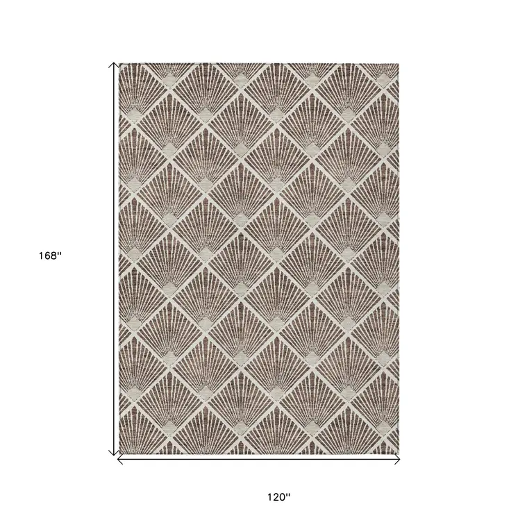 10' X 14' Brown And Beige Geometric Washable Indoor Outdoor Area Rug