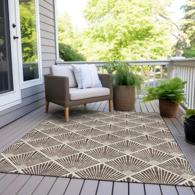 10' X 14' Brown And Beige Geometric Washable Indoor Outdoor Area Rug