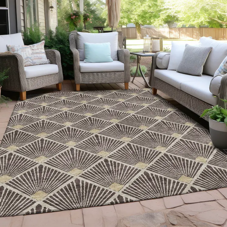 10' X 14' Brown And Beige Geometric Washable Indoor Outdoor Area Rug
