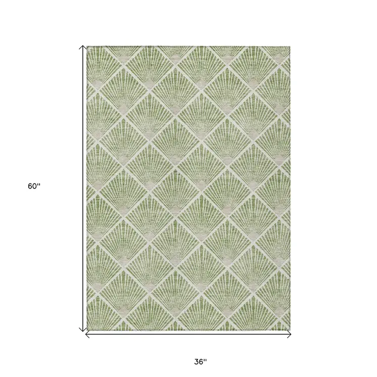 3' X 5' Green Beige And Ivory Geometric Washable Indoor Outdoor Area Rug