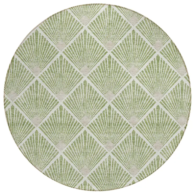 8' Green Beige And Ivory Round Geometric Washable Indoor Outdoor Area Rug