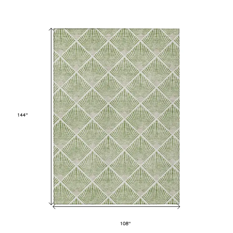 9' X 12' Green Beige And Ivory Geometric Washable Indoor Outdoor Area Rug