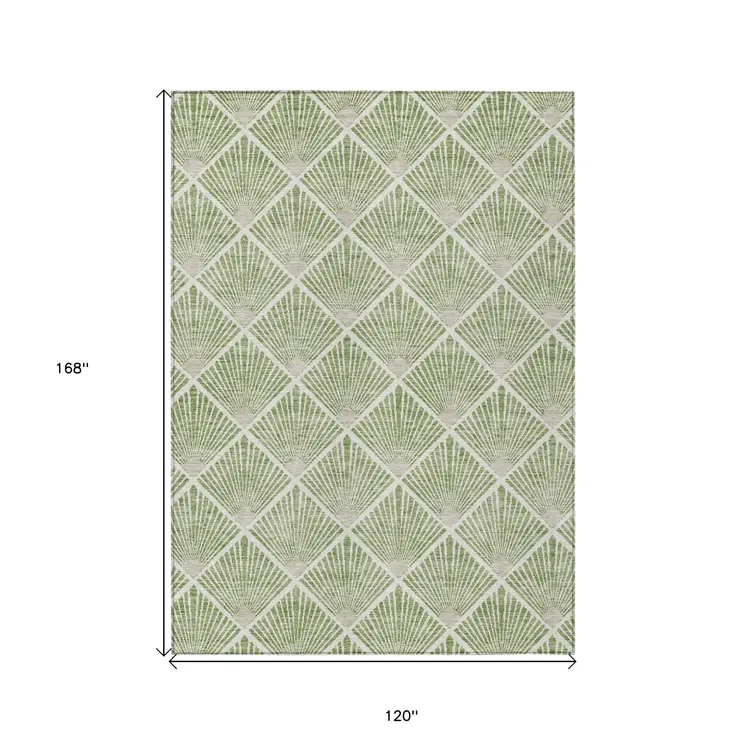 10' X 14' Green Beige And Ivory Geometric Washable Indoor Outdoor Area Rug