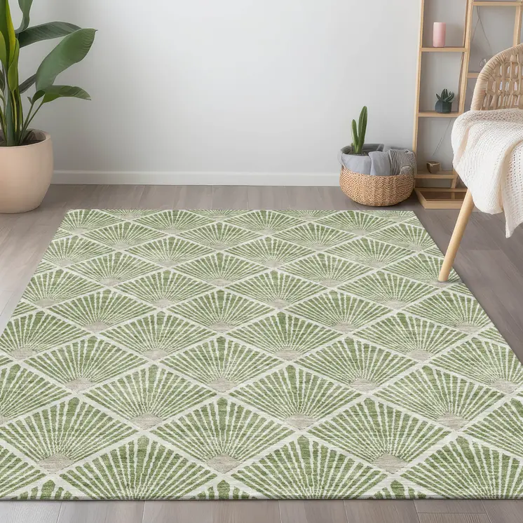 10' X 14' Green Beige And Ivory Geometric Washable Indoor Outdoor Area Rug