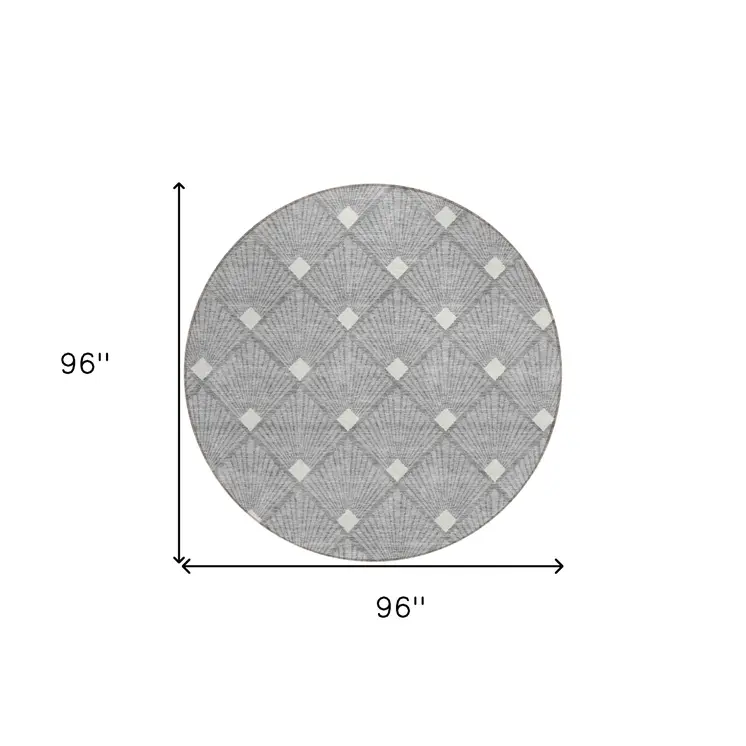 8' Gray And Ivory Round Geometric Washable Indoor Outdoor Area Rug