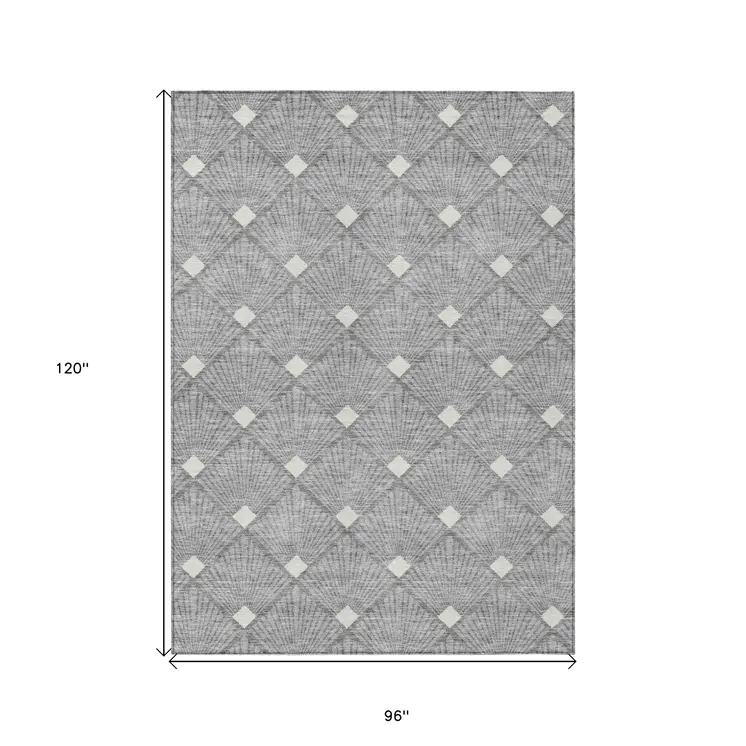 8' X 10' Gray And Ivory Geometric Washable Indoor Outdoor Area Rug