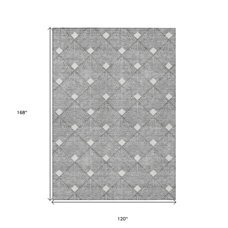 10' X 14' Gray And Ivory Geometric Washable Indoor Outdoor Area Rug