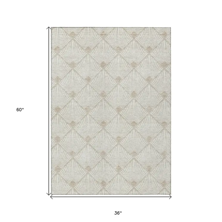 3' X 5' Ivory And Beige Geometric Washable Indoor Outdoor Area Rug