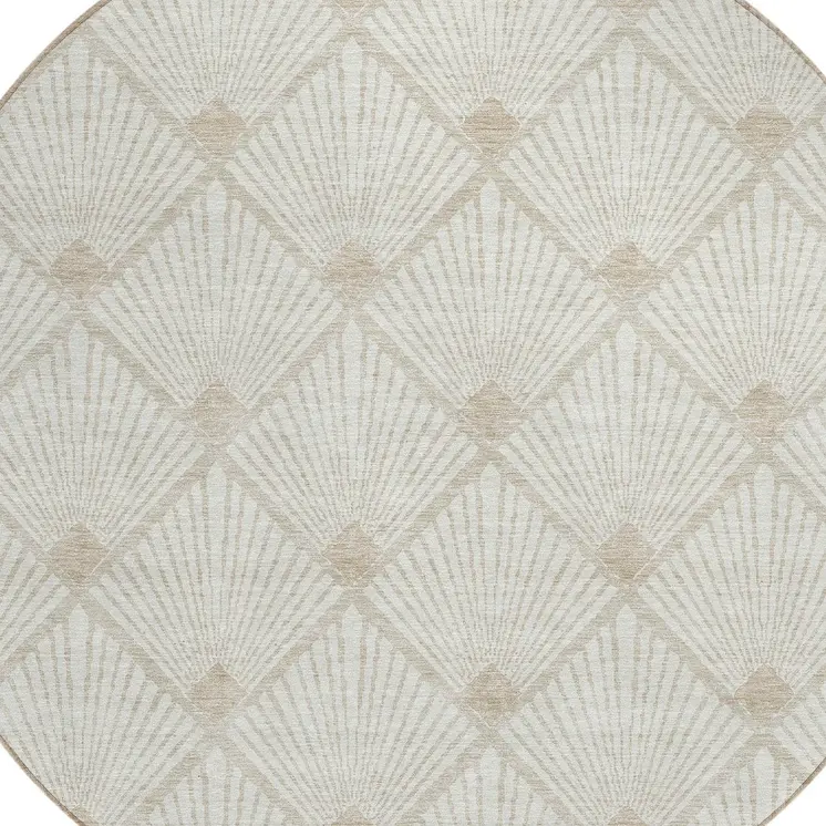 8' Ivory And Beige Round Geometric Washable Indoor Outdoor Area Rug