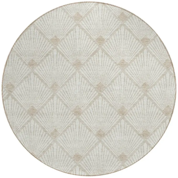 8' Ivory And Beige Round Geometric Washable Indoor Outdoor Area Rug