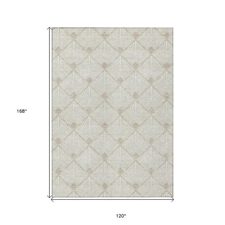 10' X 14' Ivory And Beige Geometric Washable Indoor Outdoor Area Rug