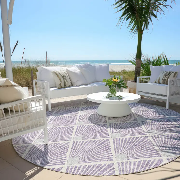 8' Lavender Gray And Ivory Round Geometric Washable Indoor Outdoor Area Rug
