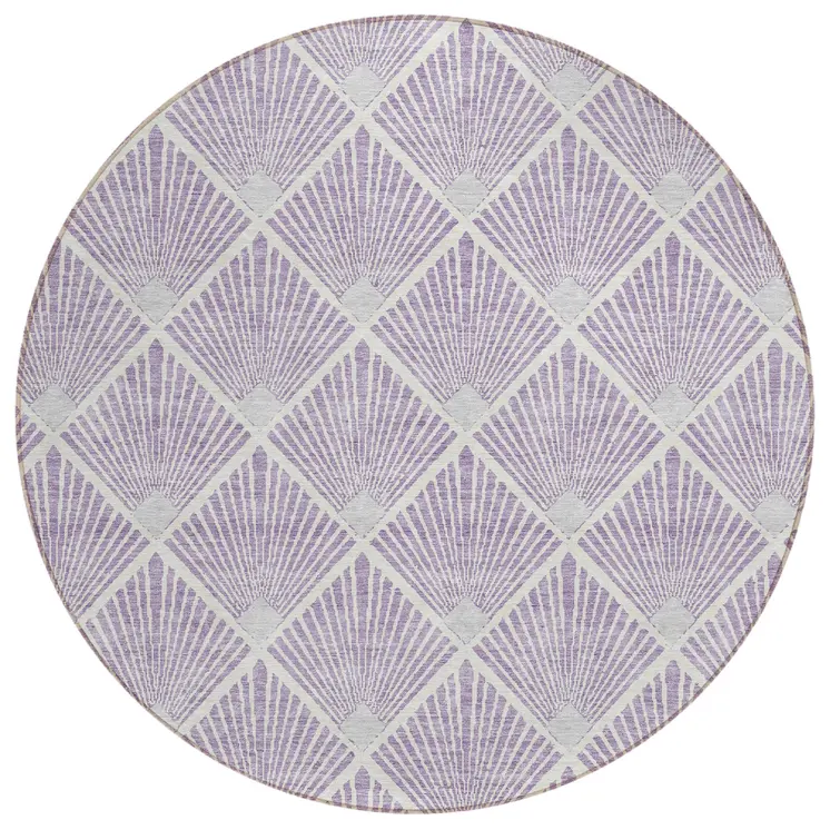 8' Lavender Gray And Ivory Round Geometric Washable Indoor Outdoor Area Rug