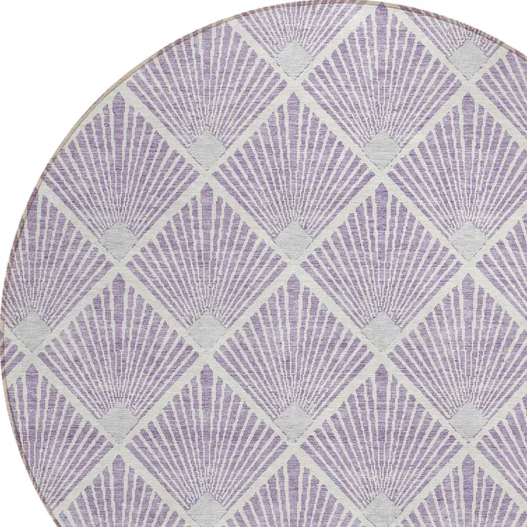 8' Lavender Gray And Ivory Round Geometric Washable Indoor Outdoor Area Rug