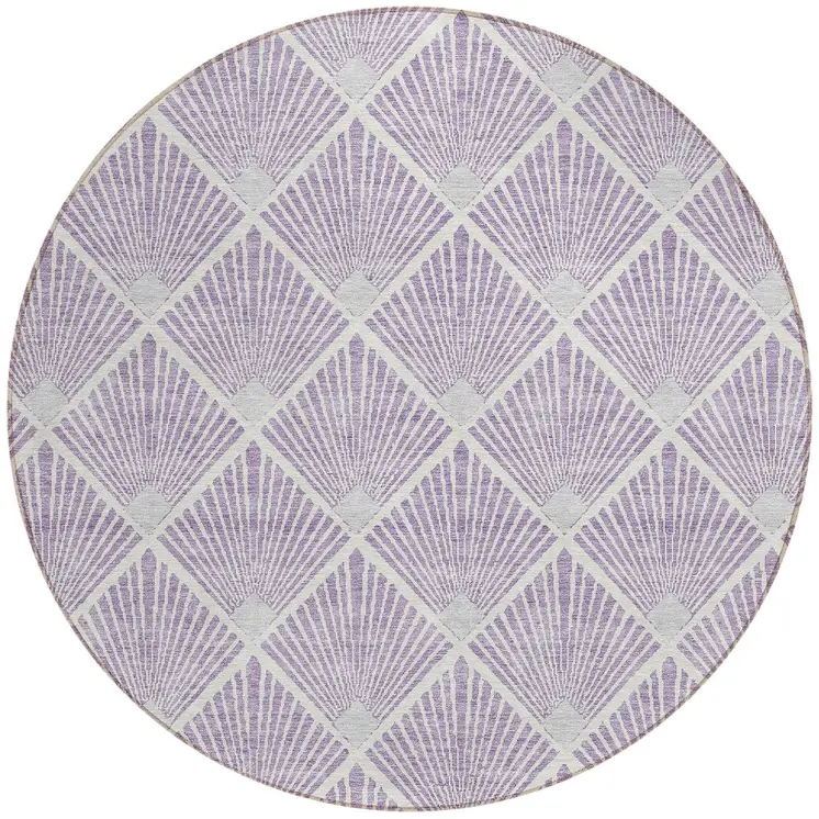 8' Lavender Gray And Ivory Round Geometric Washable Indoor Outdoor Area Rug