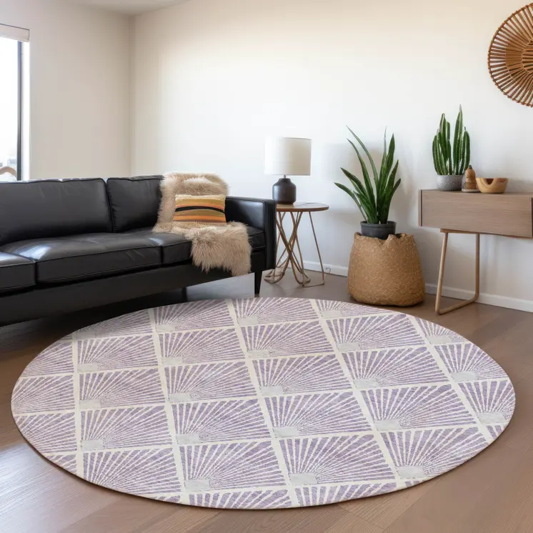 8' Lavender Gray And Ivory Round Geometric Washable Indoor Outdoor Area Rug