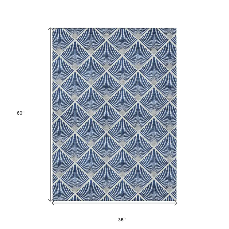 3' X 5' Navy Blue Gray And Ivory Geometric Washable Indoor Outdoor Area Rug