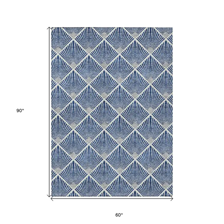 5' X 8' Navy Blue Gray And Ivory Geometric Washable Indoor Outdoor Area Rug