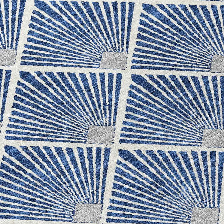 8' Navy Blue Gray And Ivory Round Geometric Washable Indoor Outdoor Area Rug