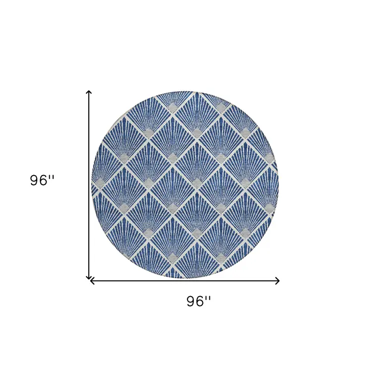 8' Navy Blue Gray And Ivory Round Geometric Washable Indoor Outdoor Area Rug
