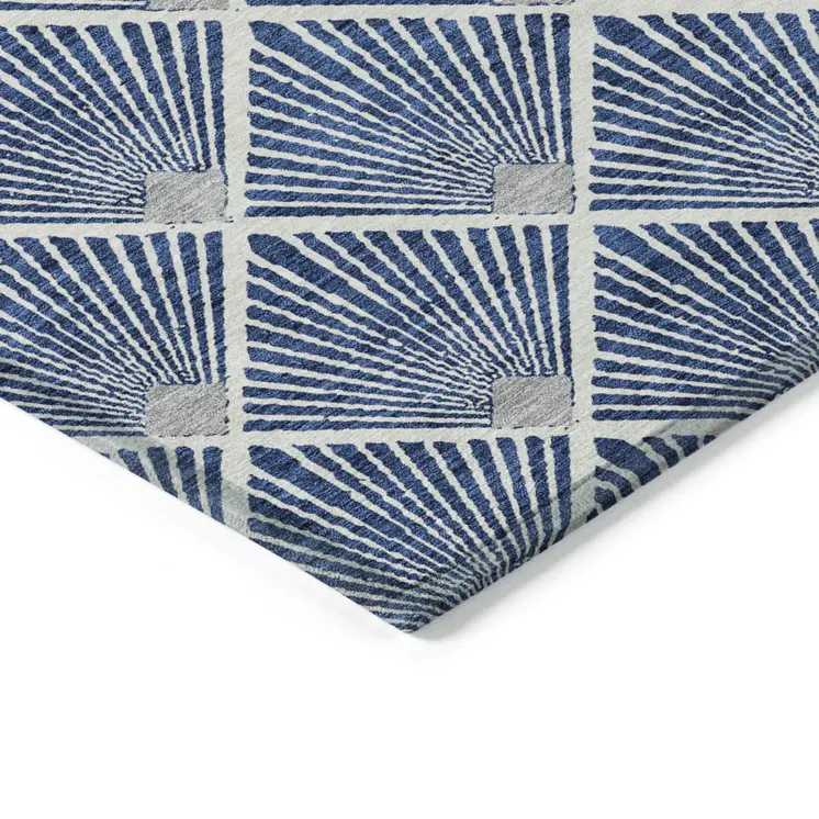 9' X 12' Navy Blue Gray And Ivory Geometric Washable Indoor Outdoor Area Rug