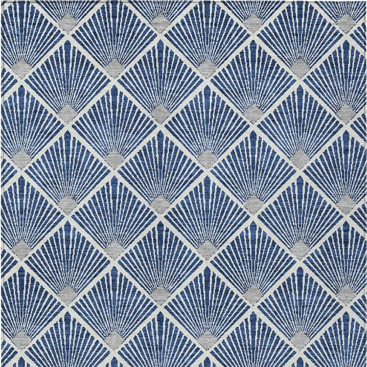 9' X 12' Navy Blue Gray And Ivory Geometric Washable Indoor Outdoor Area Rug