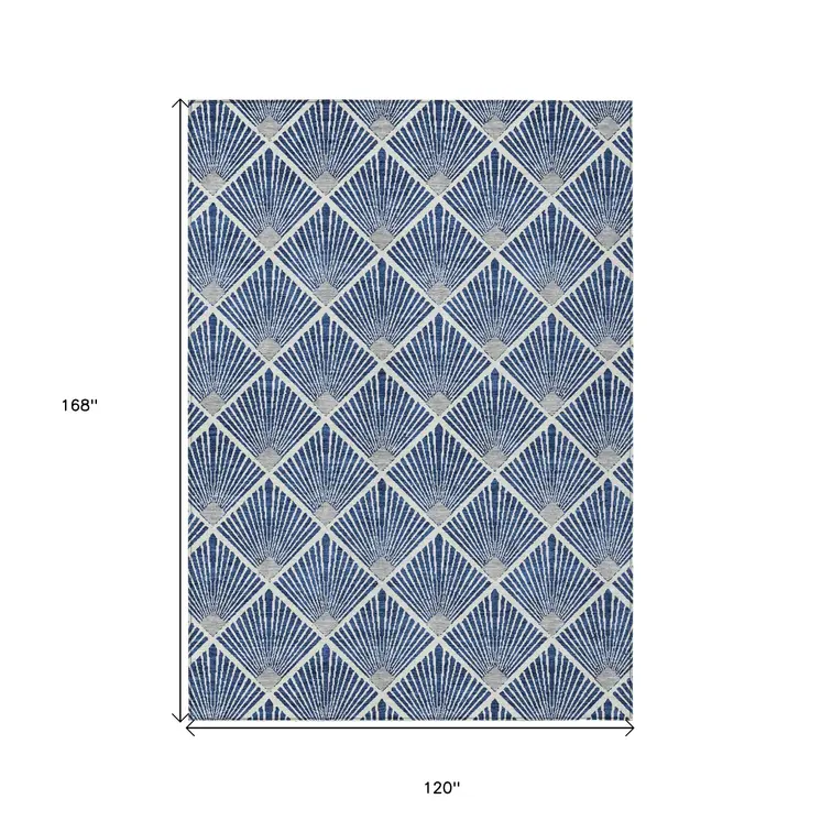 10' X 14' Navy Blue Gray And Ivory Geometric Washable Indoor Outdoor Area Rug