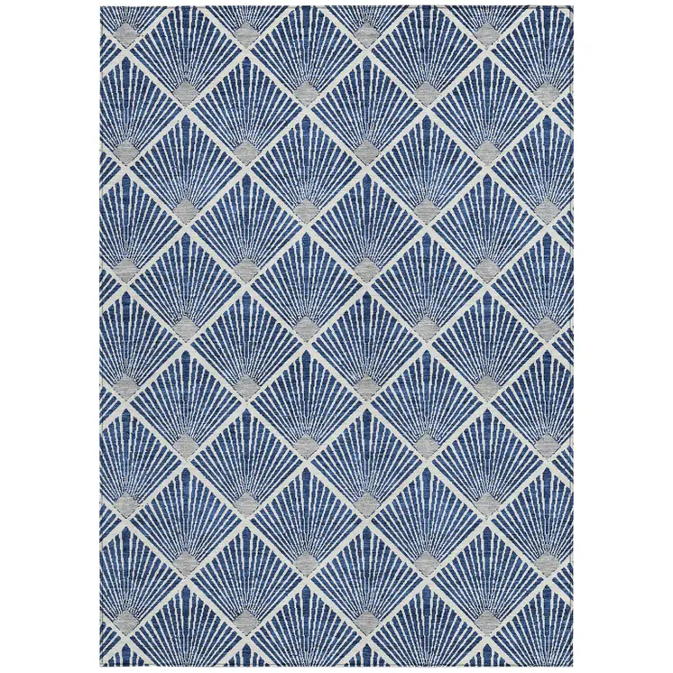 10' X 14' Navy Blue Gray And Ivory Geometric Washable Indoor Outdoor Area Rug
