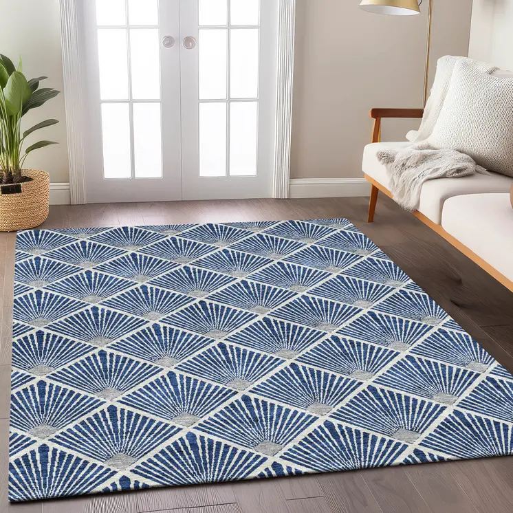 10' X 14' Navy Blue Gray And Ivory Geometric Washable Indoor Outdoor Area Rug