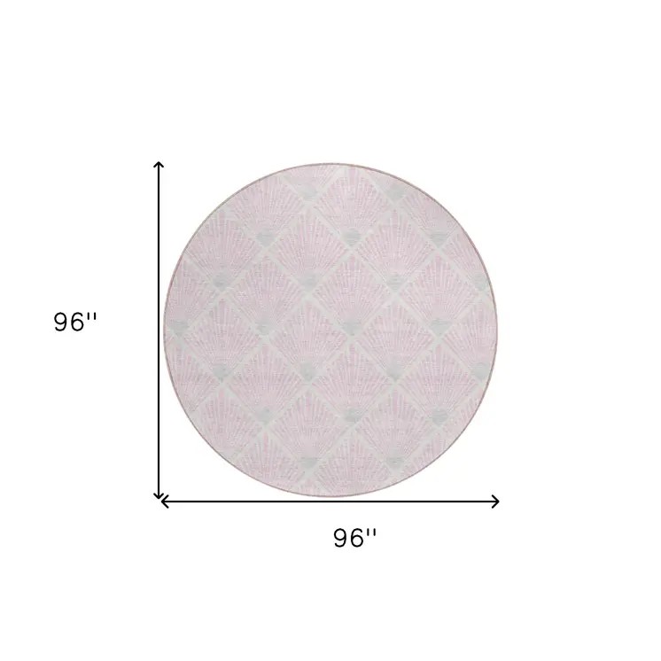 8' Pink Gray And Ivory Round Geometric Washable Indoor Outdoor Area Rug