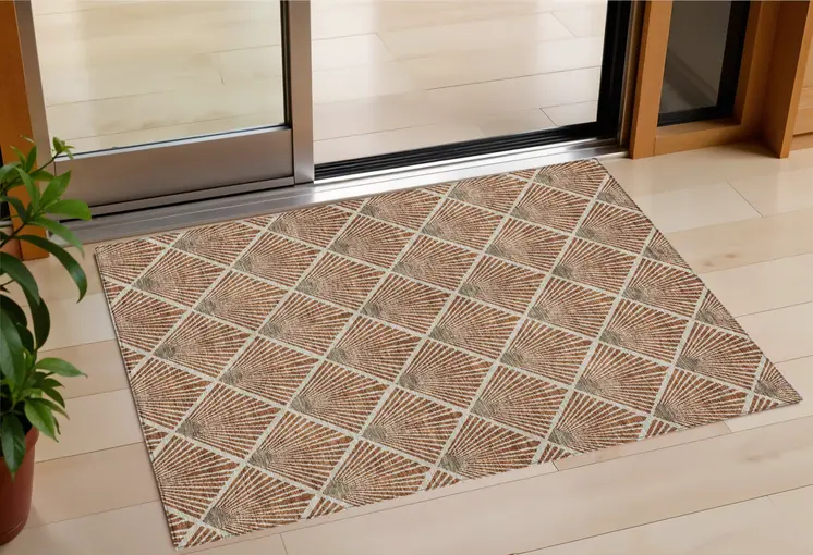 3' X 5' Brown Copper And Beige Geometric Washable Indoor Outdoor Area Rug