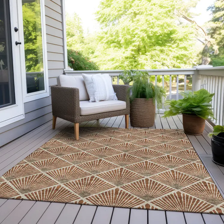 9' X 12' Brown Copper And Beige Geometric Washable Indoor Outdoor Area Rug