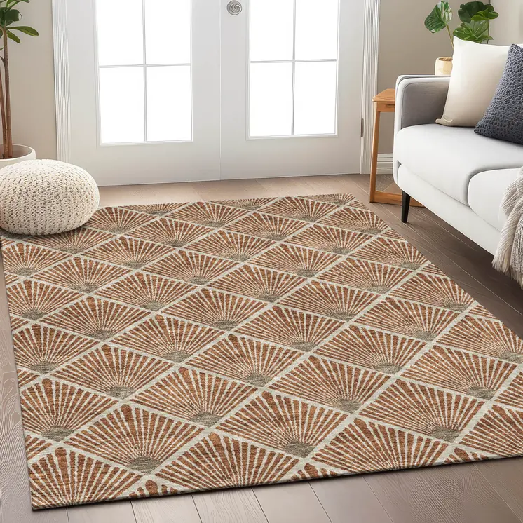 9' X 12' Brown Copper And Beige Geometric Washable Indoor Outdoor Area Rug