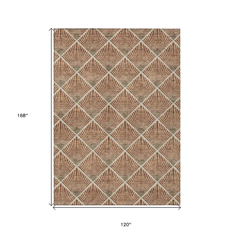 10' X 14' Brown Copper And Beige Geometric Washable Indoor Outdoor Area Rug