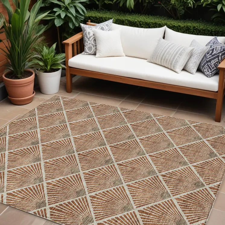 10' X 14' Brown Copper And Beige Geometric Washable Indoor Outdoor Area Rug