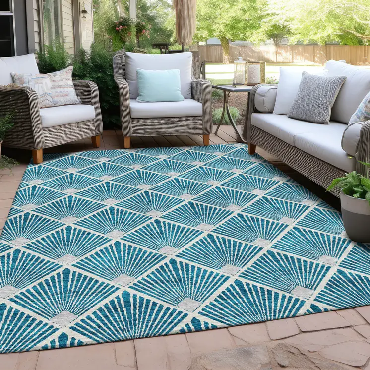 3' X 5' Teal Blue And Ivory Geometric Washable Indoor Outdoor Area Rug