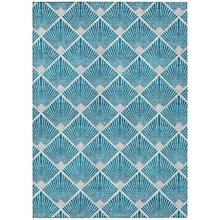 3' X 5' Teal Blue And Ivory Geometric Washable Indoor Outdoor Area Rug