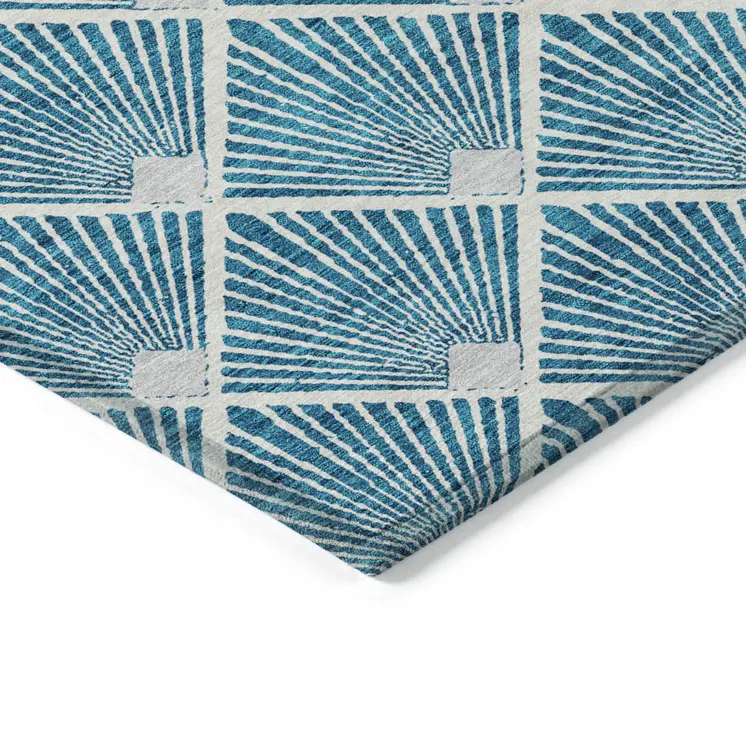 3' X 5' Teal Blue And Ivory Geometric Washable Indoor Outdoor Area Rug