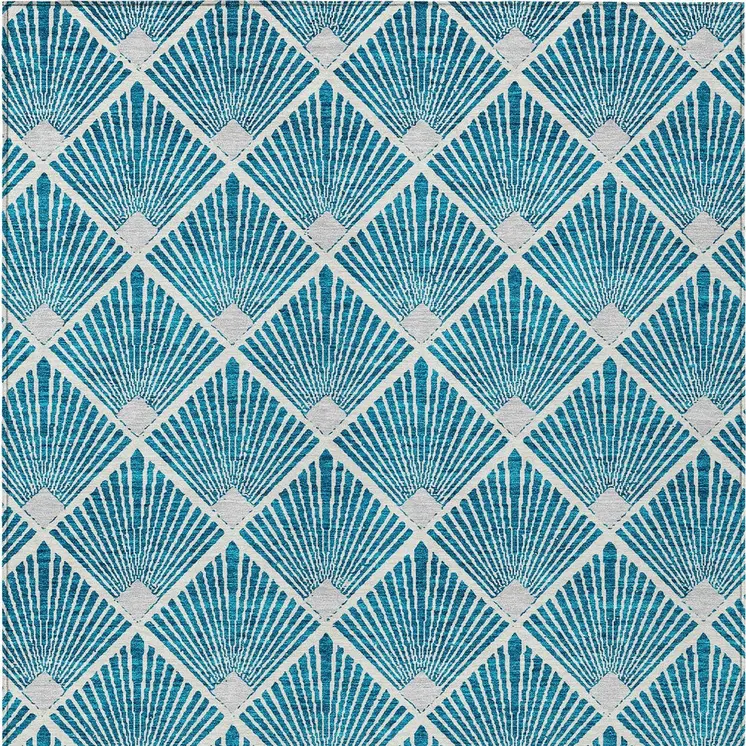 3' X 5' Teal Blue And Ivory Geometric Washable Indoor Outdoor Area Rug