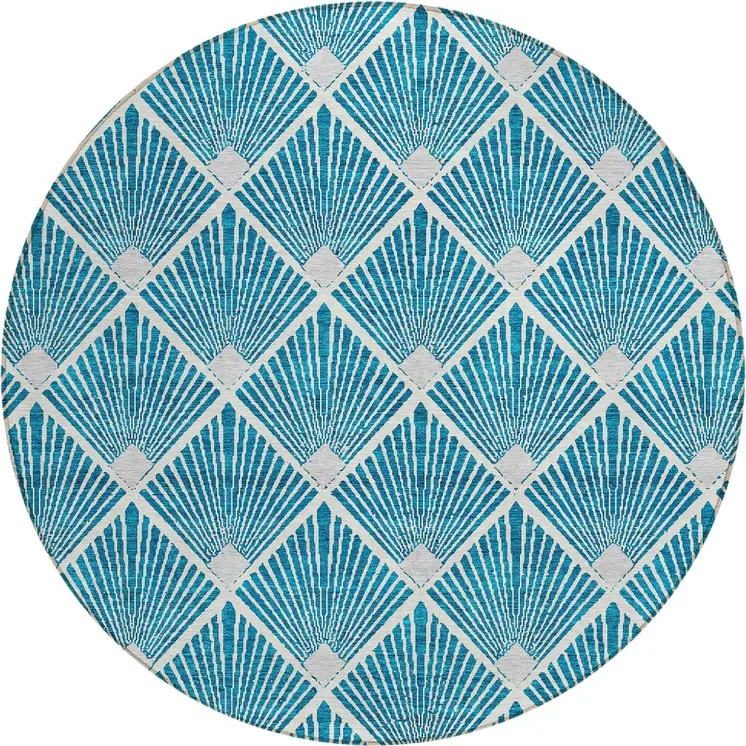 8' Teal Blue And Ivory Round Geometric Washable Indoor Outdoor Area Rug