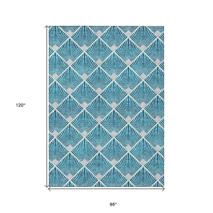 8' X 10' Teal Blue And Ivory Geometric Washable Indoor Outdoor Area Rug