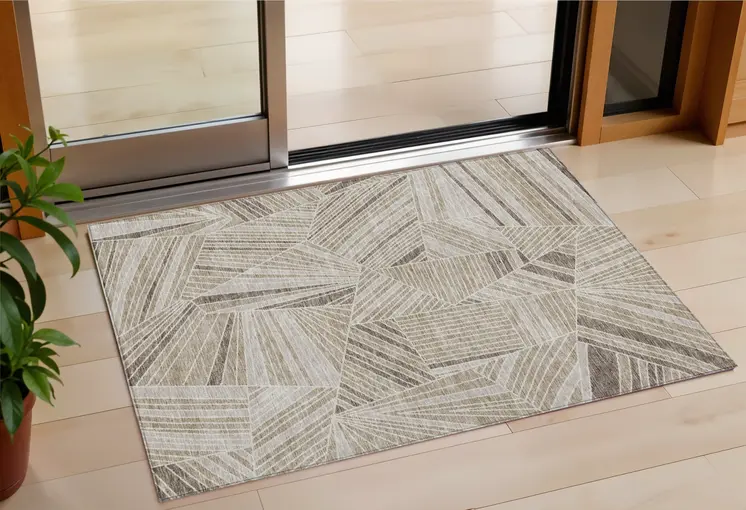 3' X 5' Beige Brown And Ivory Geometric Washable Indoor Outdoor Area Rug