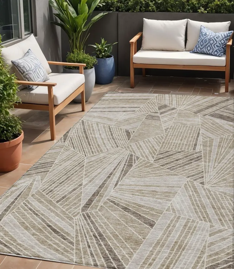 5' X 8' Beige Brown And Ivory Geometric Washable Indoor Outdoor Area Rug