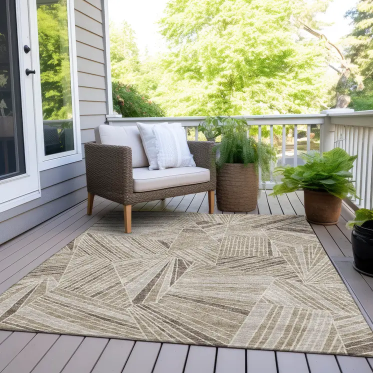 9' X 12' Beige Brown And Ivory Geometric Washable Indoor Outdoor Area Rug