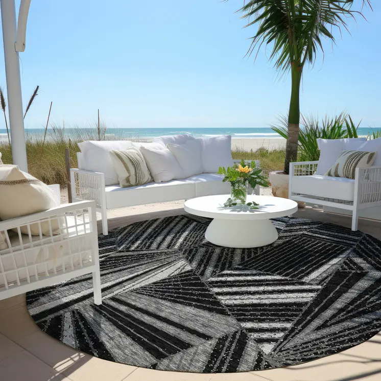 8' Black And Gray Round Geometric Washable Indoor Outdoor Area Rug